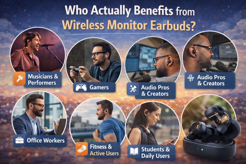 Who actually benefits from wireless monitor earbuds?
The short answer: most people. But here is a more specific breakdown.