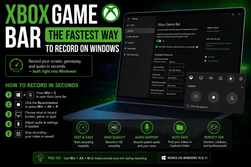 Xbox Game Bar The Fastest Way to Record on Windows. The Xbox Game Bar is a tool already built into both Windows 10 and Windows 11. It was made for gamers but anyone can use it. It's the fastest and easiest way to record your screen on Windows.