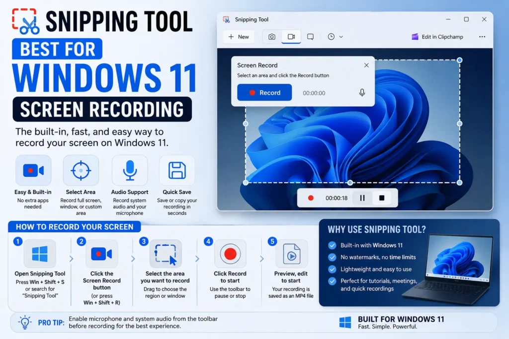 Method 2: Snipping Tool — Best for Windows 11 Screen Recording
If you have Windows 11, there's another great built-in option: the Snipping Tool. You probably know it for taking screenshots. But now it can also record video of any part of your screen — even the whole desktop!