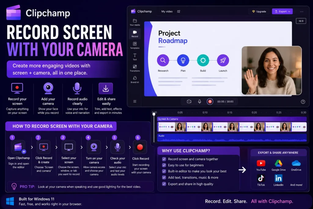 Method 3: Clipchamp — Record Screen WITH Your Camera
Clipchamp is Microsoft's free video editor that comes with Windows 11. It has a screen recording feature that's more advanced it can record your screen and show your face (from your webcam) at the same time.